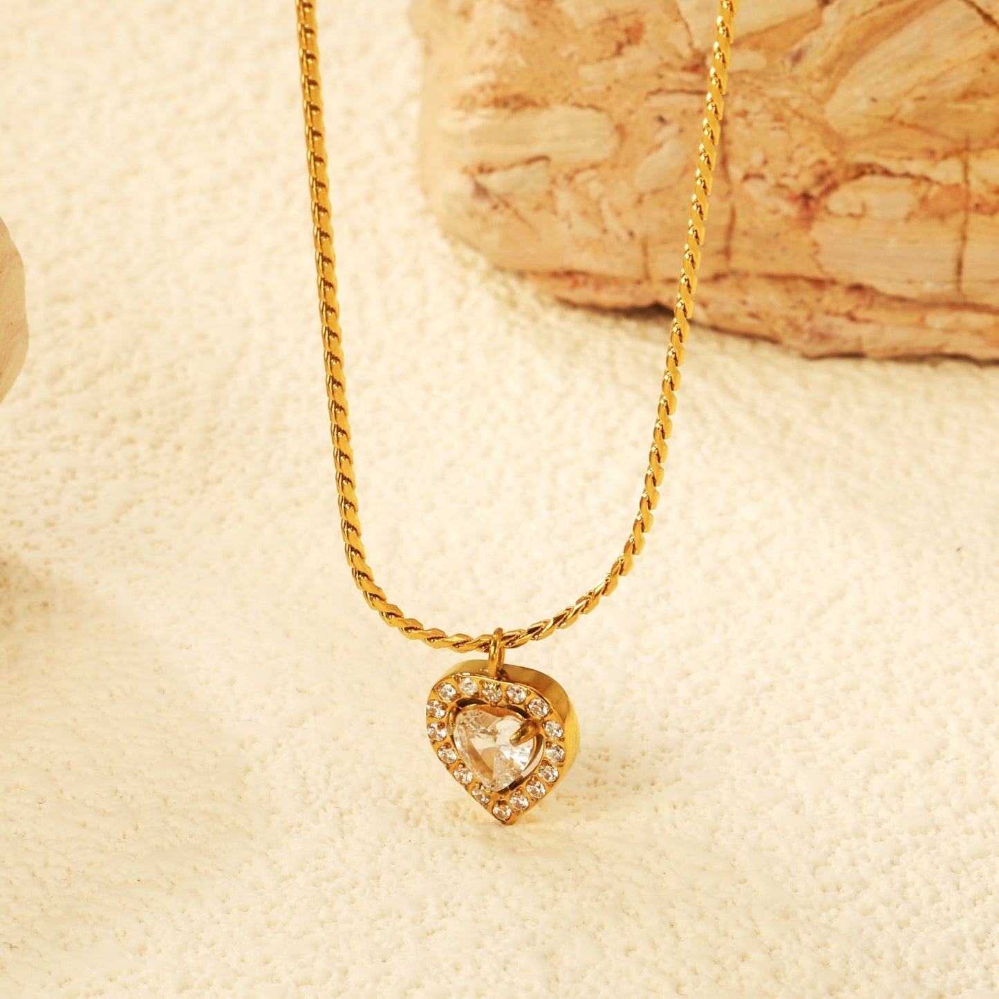 304L Stainless Steel Double Heart CZ Necklace | Twisted Rope Chain 40+5cm