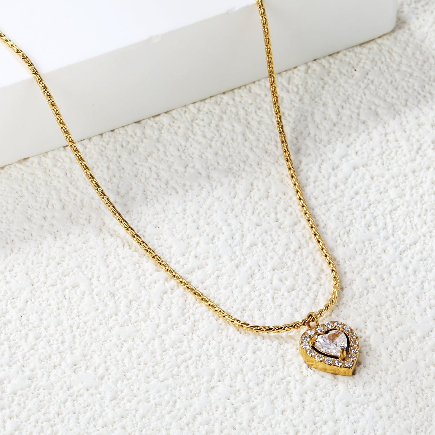 304L Stainless Steel Double Heart CZ Necklace | Twisted Rope Chain 40+5cm