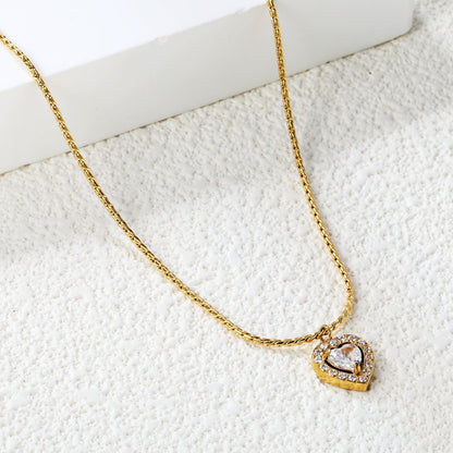 304L Stainless Steel Double Heart CZ Necklace | Twisted Rope Chain 40+5cm