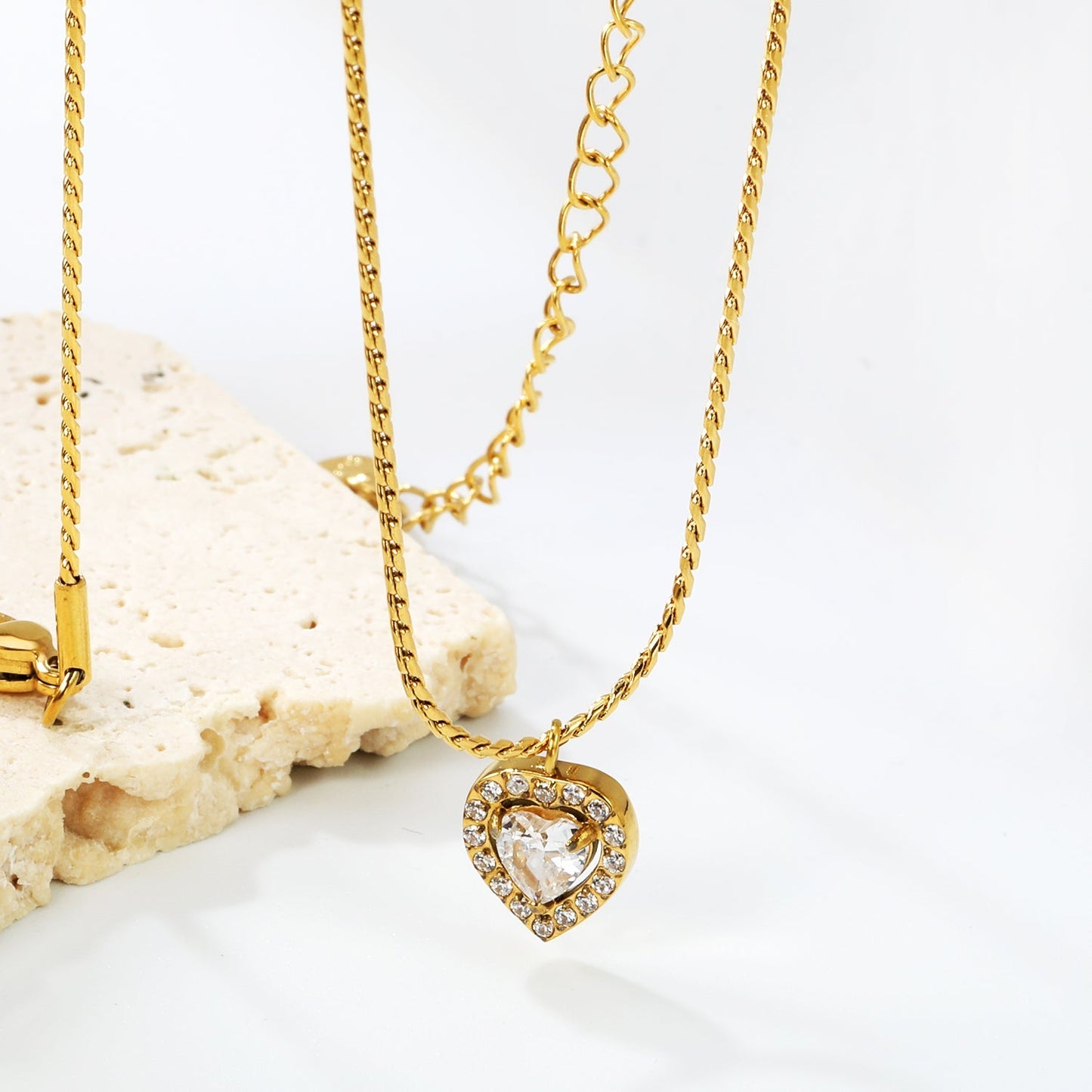 304L Stainless Steel Double Heart CZ Necklace | Twisted Rope Chain 40+5cm
