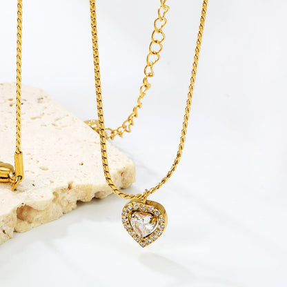 304L Stainless Steel Double Heart CZ Necklace | Twisted Rope Chain 40+5cm