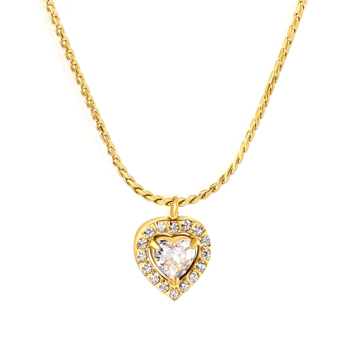 304L Stainless Steel Double Heart CZ Necklace | Twisted Rope Chain 40+5cm