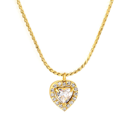 304L Stainless Steel Double Heart CZ Necklace | Twisted Rope Chain 40+5cm