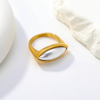 304L Stainless Steel Gold White Mother of Pearl Ring Oval Bezel 10mm