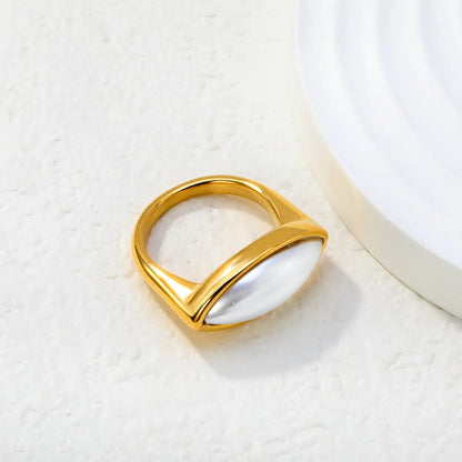 304L Stainless Steel Gold White Mother of Pearl Ring Oval Bezel 10mm