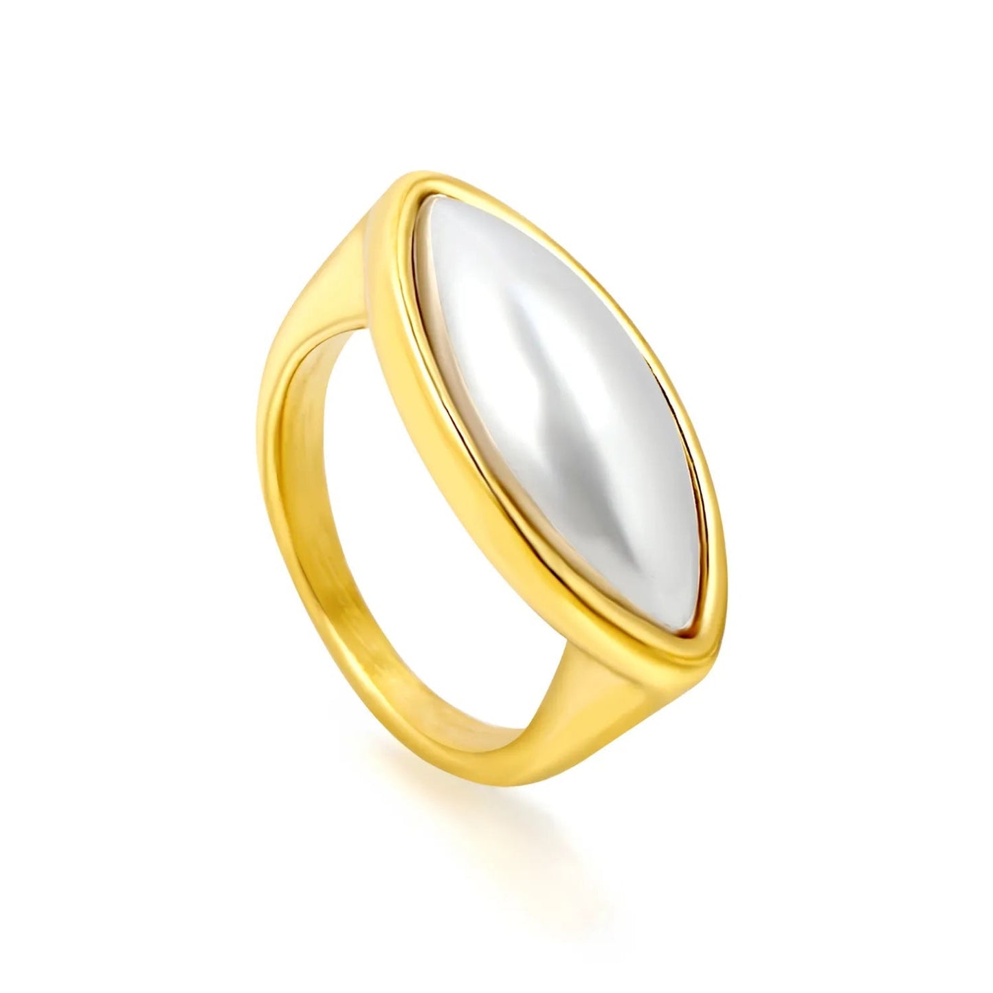 304L Stainless Steel Gold White Mother of Pearl Ring Oval Bezel 10mm