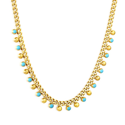 Wholesale Waterproof PVD Gold Sculpted Blue Bead Cuban Link Necklace