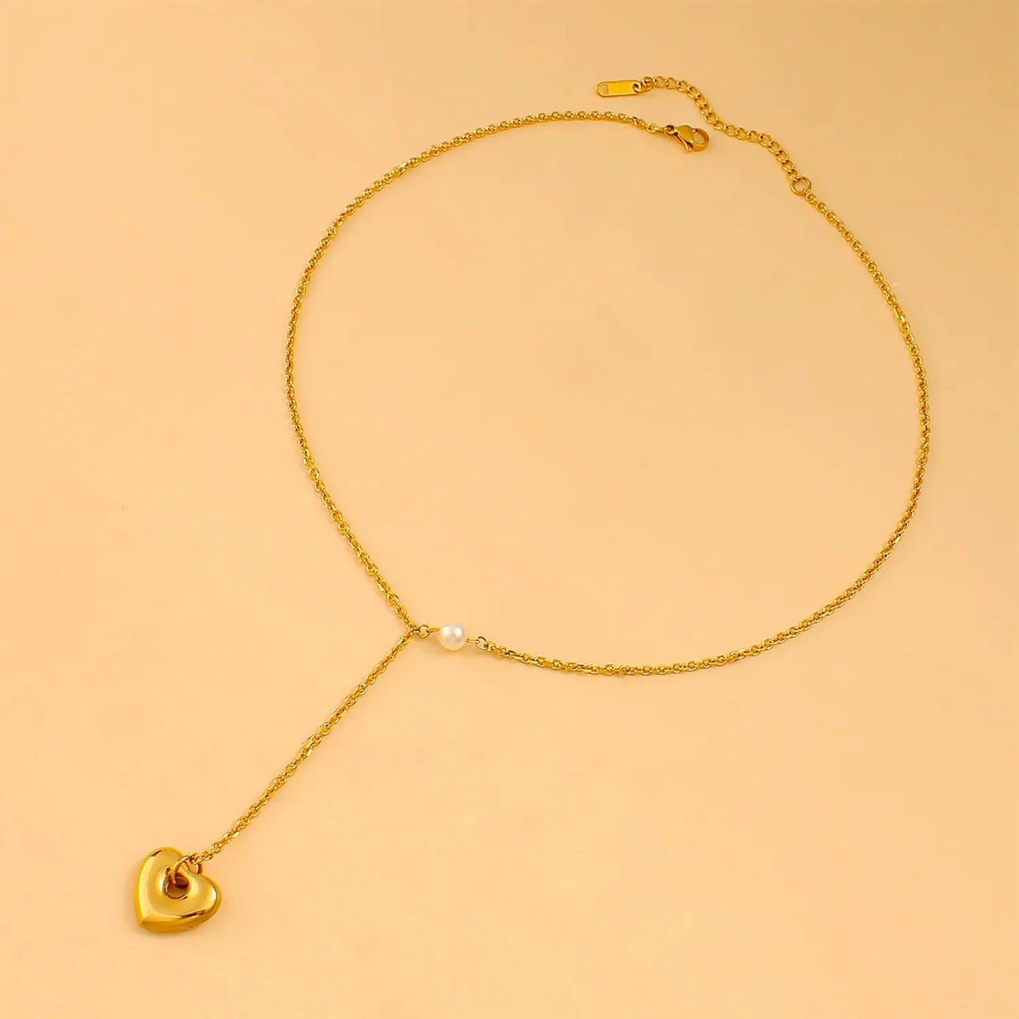 Romantic Adjustable Y-Necklace with Shell Pearl & Heart Drop Stainless Steel