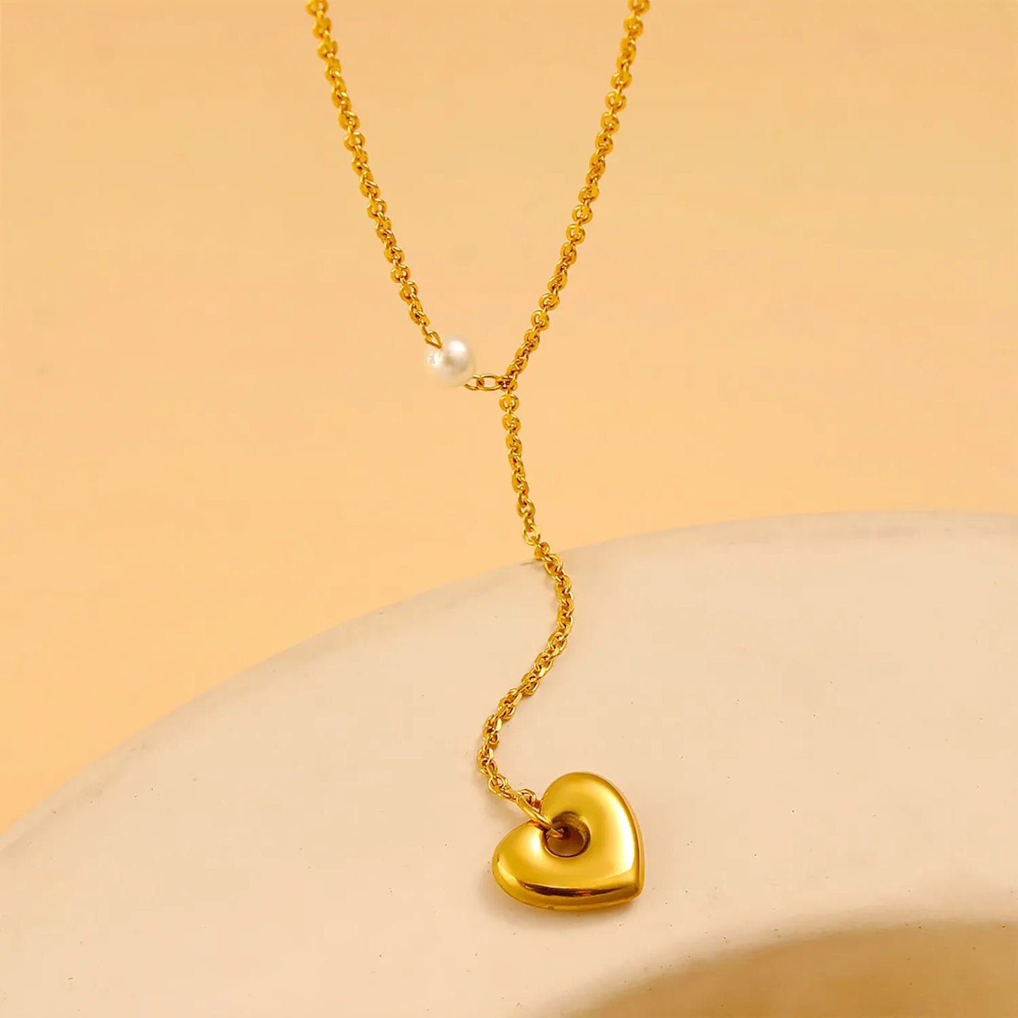 Romantic Adjustable Y-Necklace with Shell Pearl & Heart Drop Stainless Steel