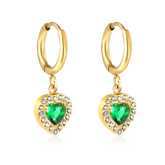 Bulk Stainless Steel Heart Earrings | Emerald Halo Zircon Hoops