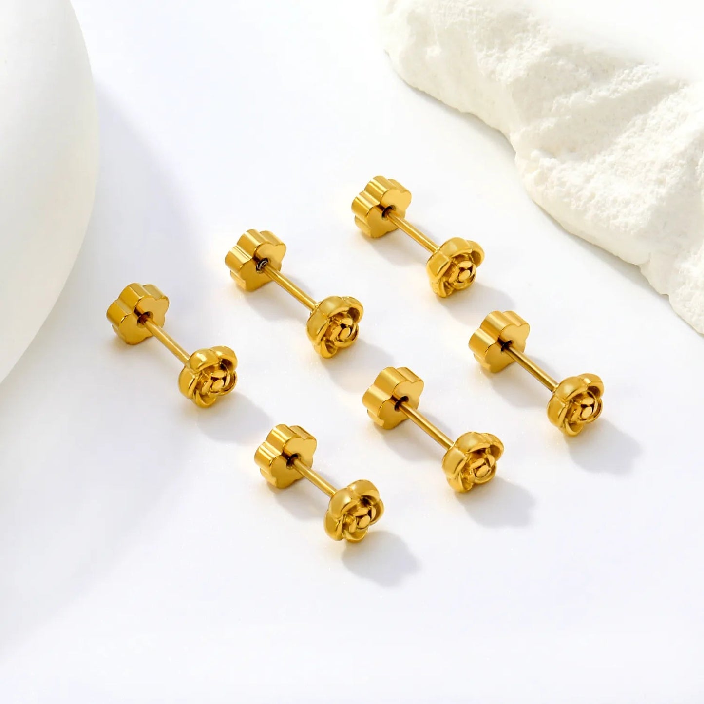 3 Pairs Bulk PVD Gold 5mm Rose Flower Threaded Flat Back Earrings