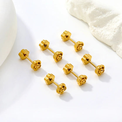 3 Pairs Bulk PVD Gold 5mm Rose Flower Threaded Flat Back Earrings