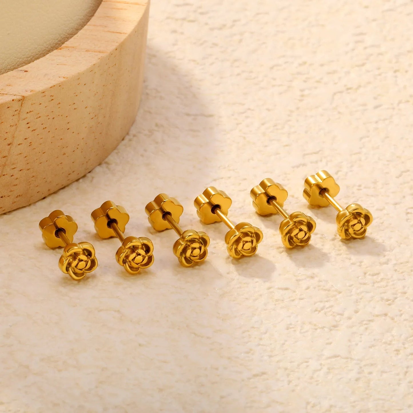 3 Pairs Bulk PVD Gold 5mm Rose Flower Threaded Flat Back Earrings