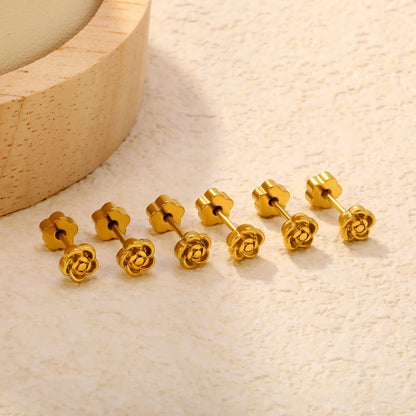 3 Pairs Bulk PVD Gold 5mm Rose Flower Threaded Flat Back Earrings
