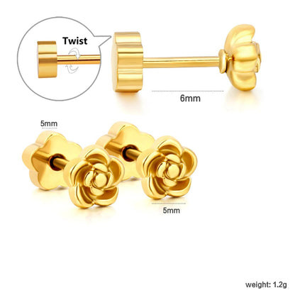 3 Pairs Bulk PVD Gold 5mm Rose Flower Threaded Flat Back Earrings