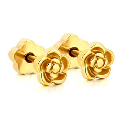 3 Pairs Bulk PVD Gold 5mm Rose Flower Threaded Flat Back Earrings