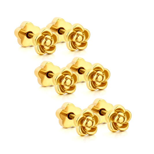 3 Pairs Bulk PVD Gold 5mm Rose Flower Threaded Flat Back Earrings