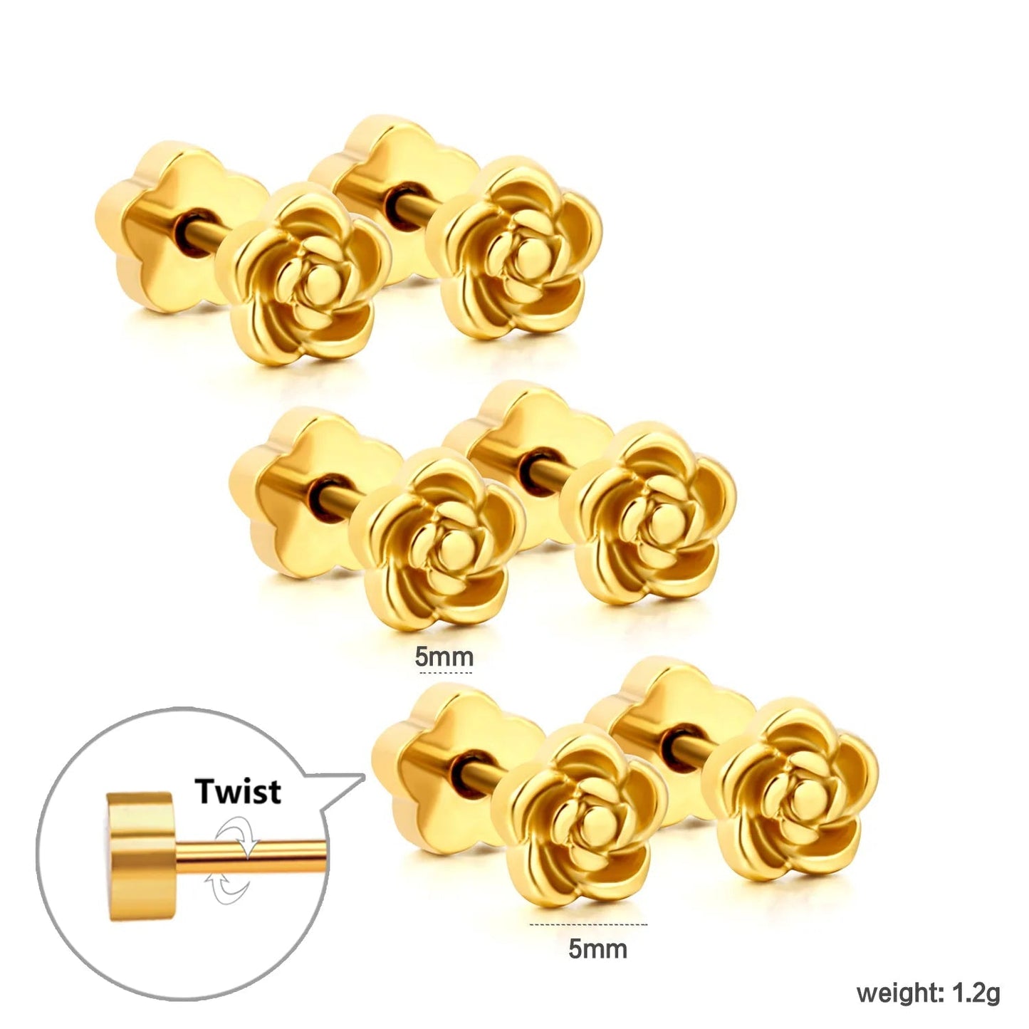 3 Pairs Bulk PVD Gold 5mm Rose Flower Threaded Flat Back Earrings