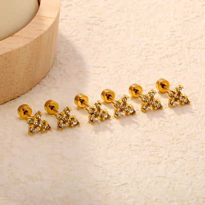 3 Pairs Celestial Star Zircon Studs | Edgy Gold Starburst Flat Back Earrings