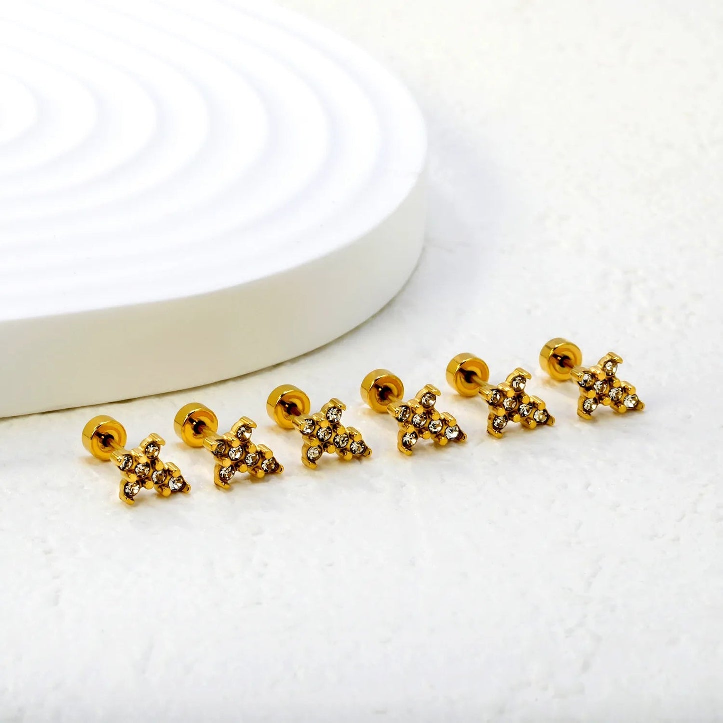 3 Pairs Celestial Star Zircon Studs | Edgy Gold Starburst Flat Back Earrings