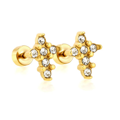 3 Pairs Celestial Star Zircon Studs | Edgy Gold Starburst Flat Back Earrings