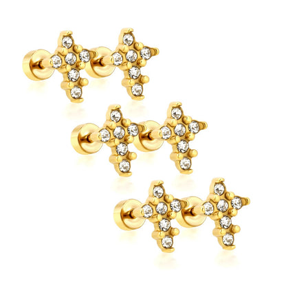 3 Pairs Celestial Star Zircon Studs | Edgy Gold Starburst Flat Back Earrings