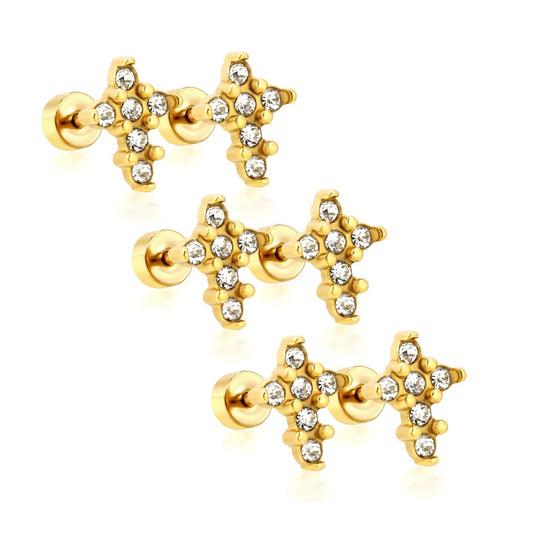 3 Pairs Celestial Star Zircon Studs | Edgy Gold Starburst Flat Back Earrings