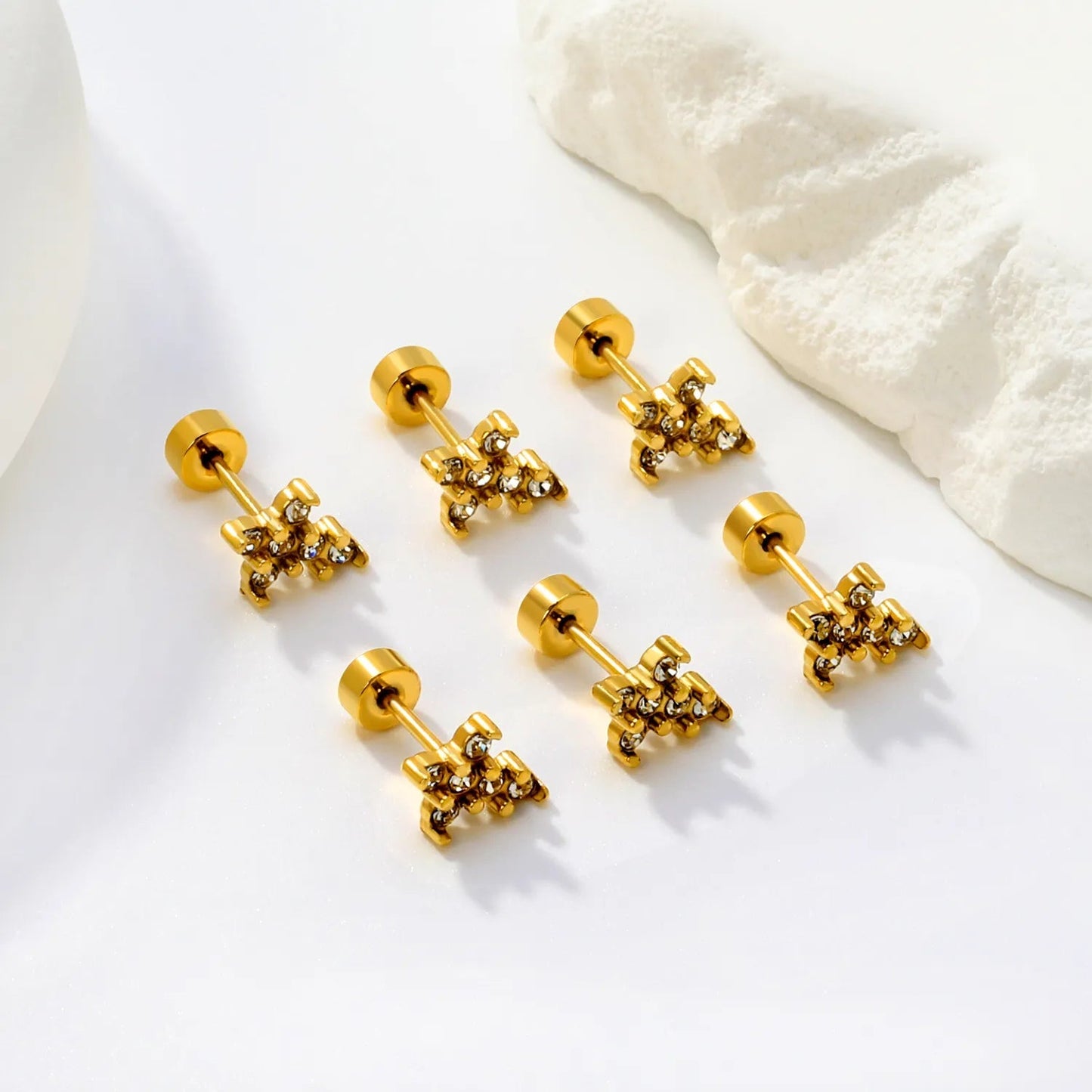 3 Pairs Celestial Star Zircon Studs | Edgy Gold Starburst Flat Back Earrings