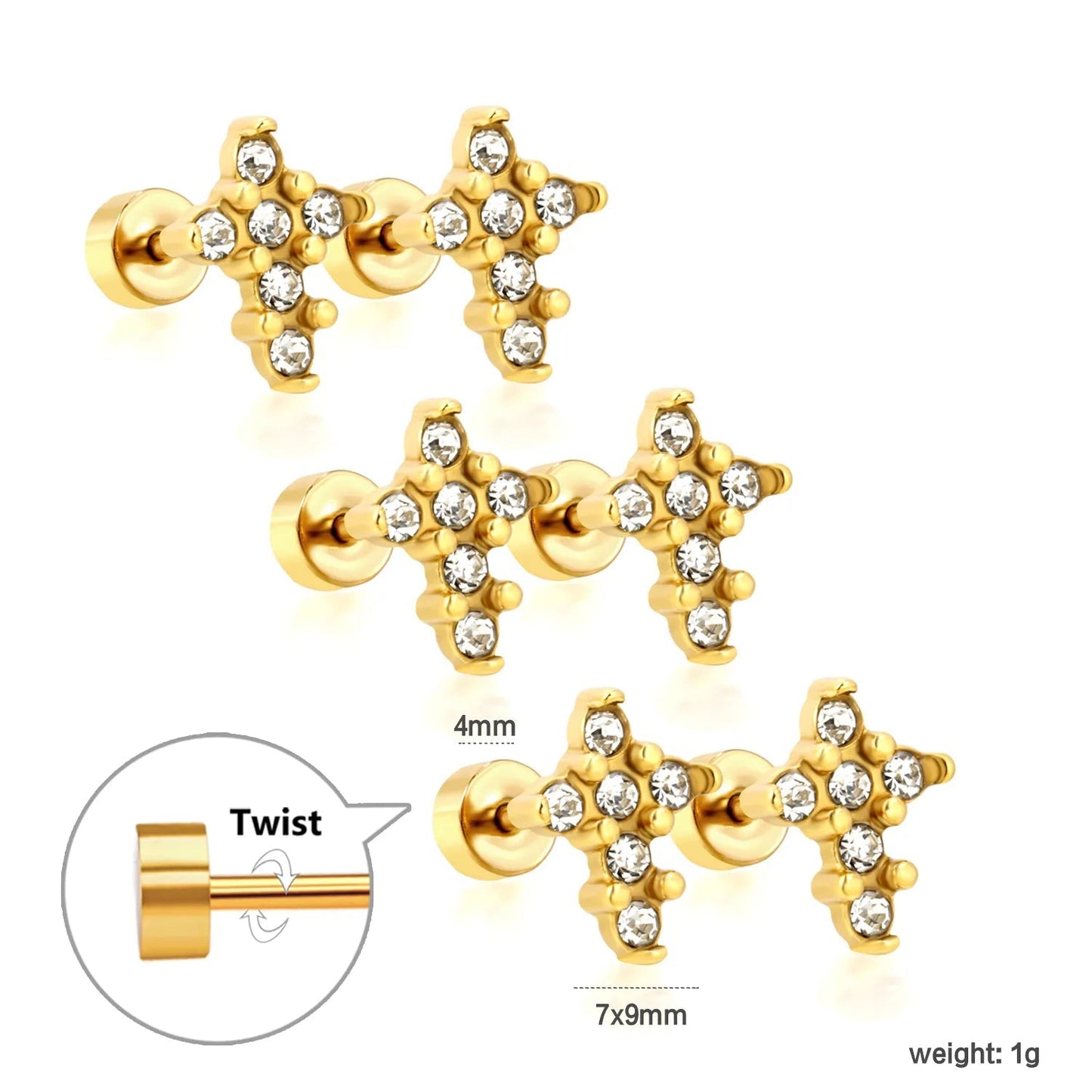 3 Pairs Celestial Star Zircon Studs | Edgy Gold Starburst Flat Back Earrings