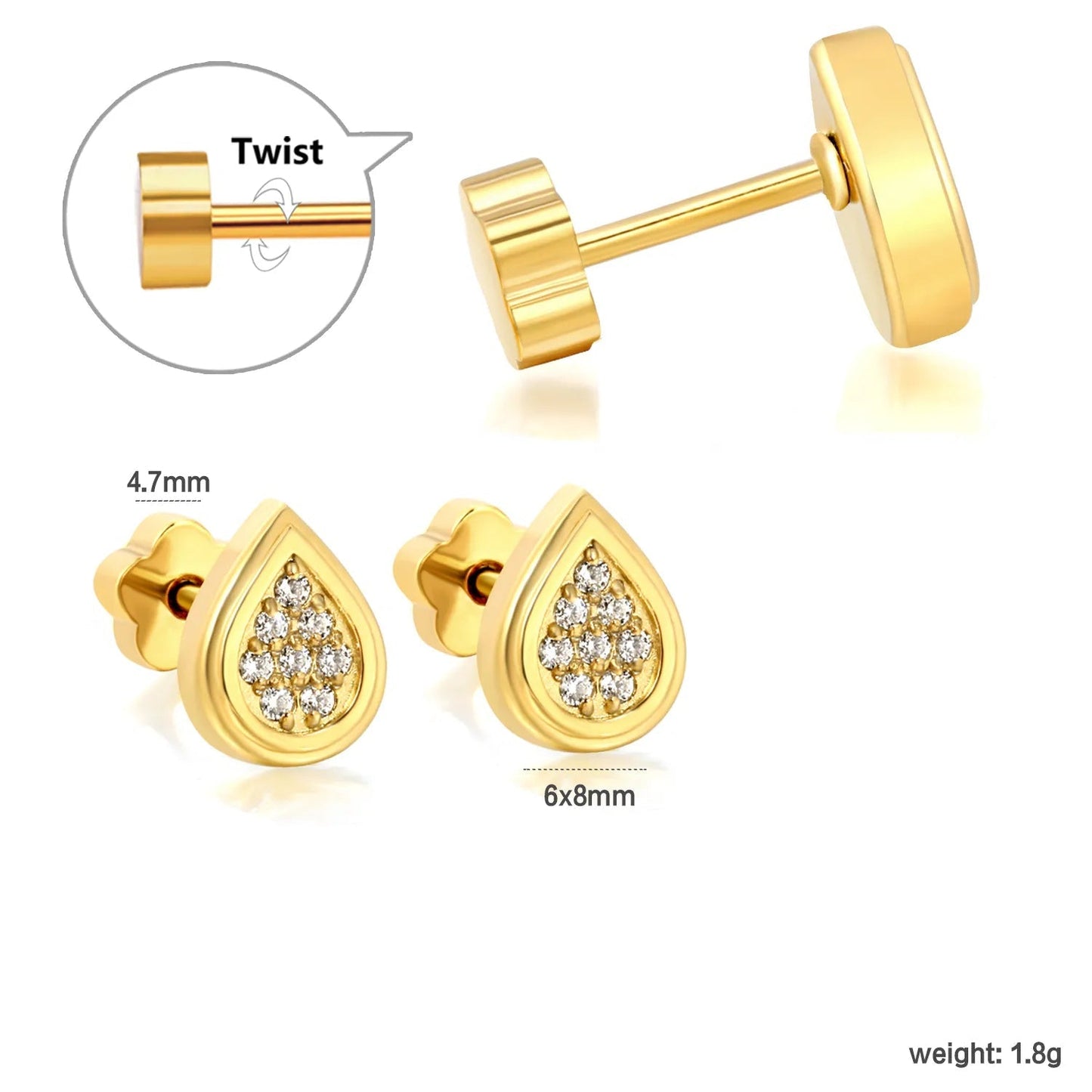 3 Pairs Elegant Pave Teardrop Studs | Hypoallergenic 304L Steel Nap Earrings
