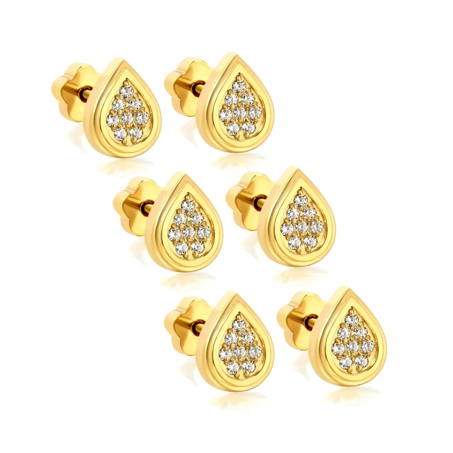 3 Pairs Elegant Pave Teardrop Studs | Hypoallergenic 304L Steel Nap Earrings