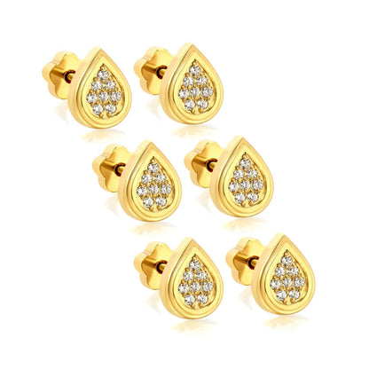 3 Pairs Elegant Pave Teardrop Studs | Hypoallergenic 304L Steel Nap Earrings