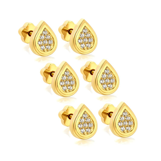 3 Pairs Elegant Pave Teardrop Studs | Hypoallergenic 304L Steel Nap Earrings