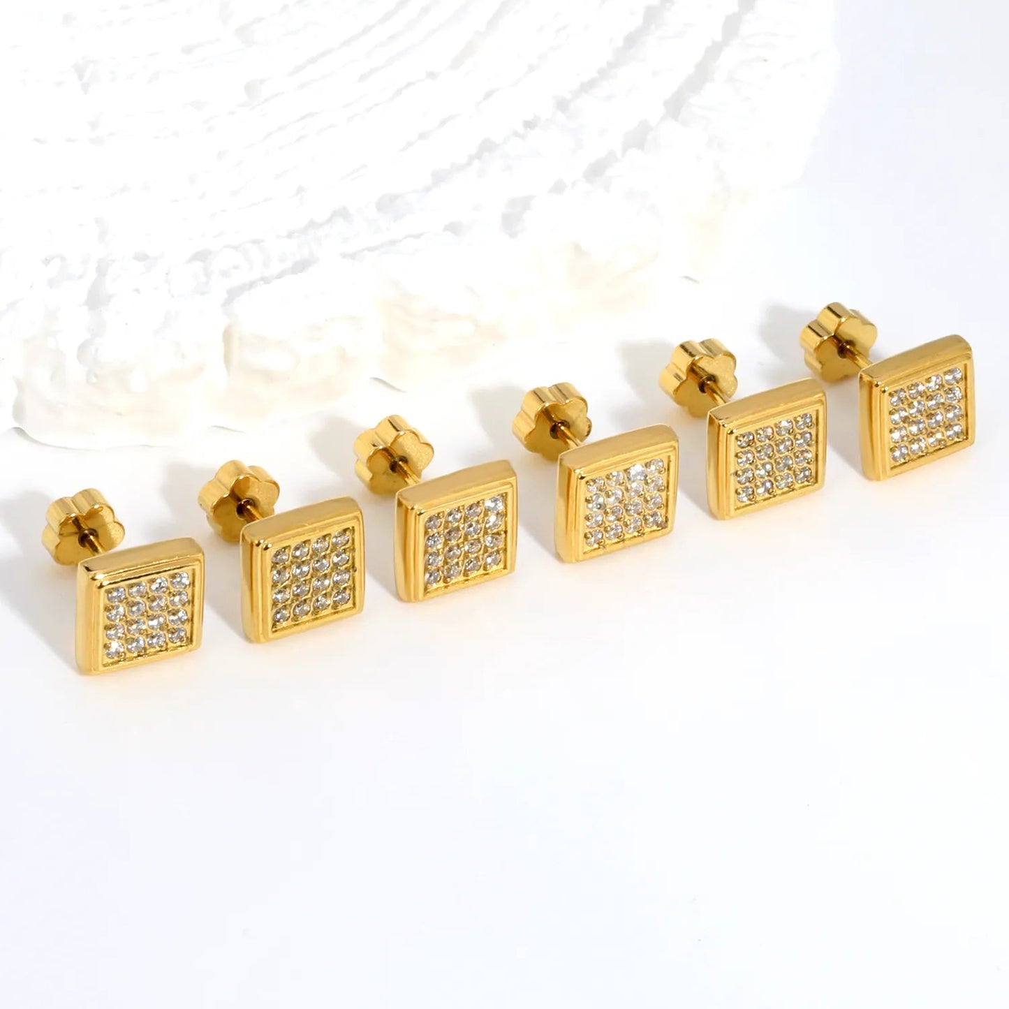 3 Pairs Minimalist Pave Square Studs | Tarnish-Free Geometric Nap Earrings