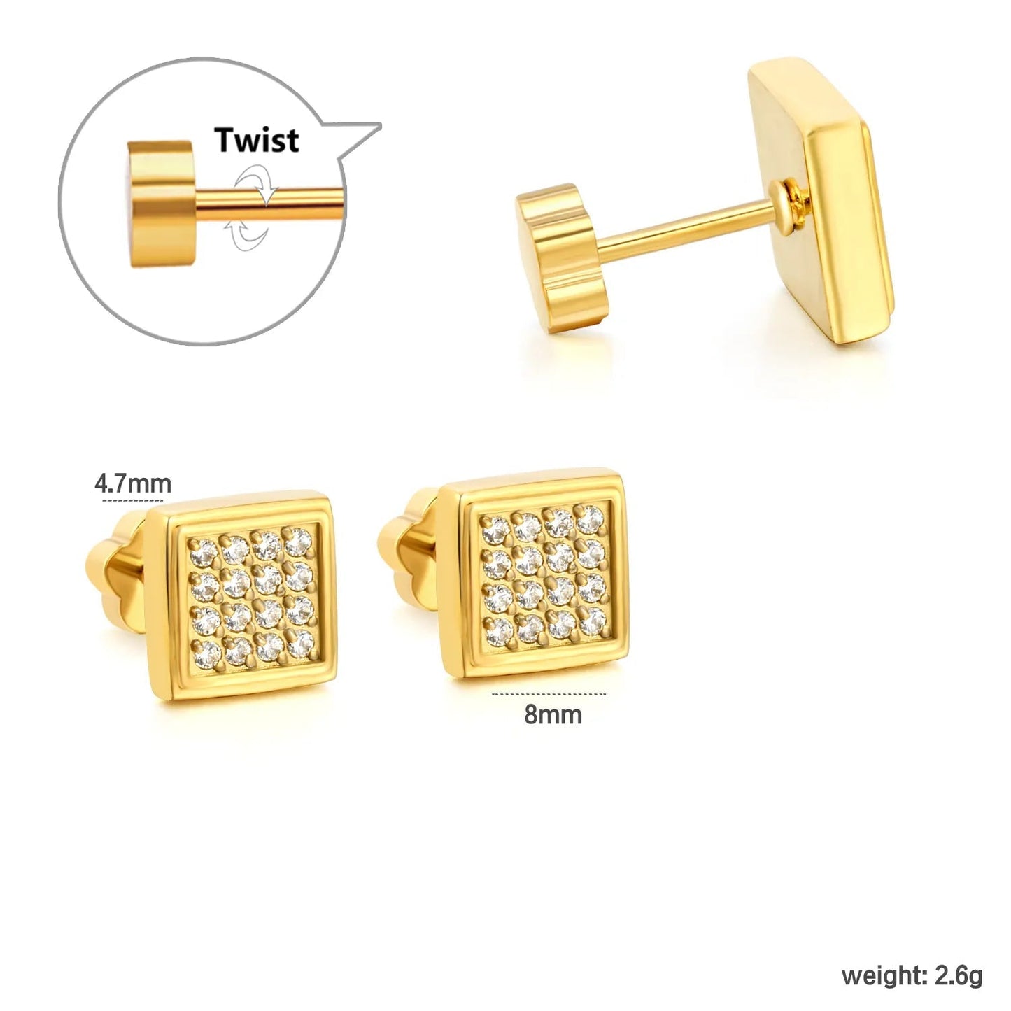 3 Pairs Minimalist Pave Square Studs | Tarnish-Free Geometric Nap Earrings