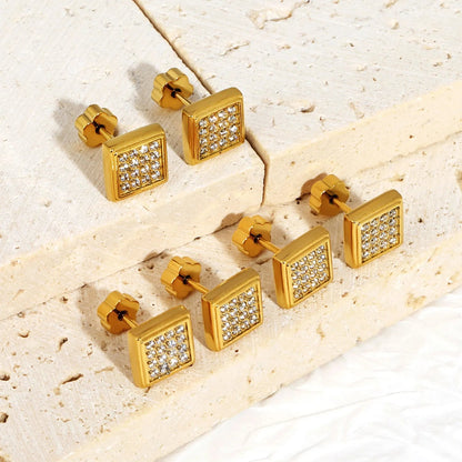 3 Pairs Minimalist Pave Square Studs | Tarnish-Free Geometric Nap Earrings