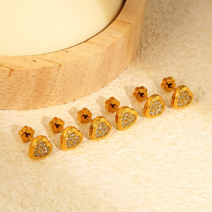 3 Pairs Sparkly Pave Heart Studs Earrings | 24/7 Wear Waterproof Gold Heart Piercing