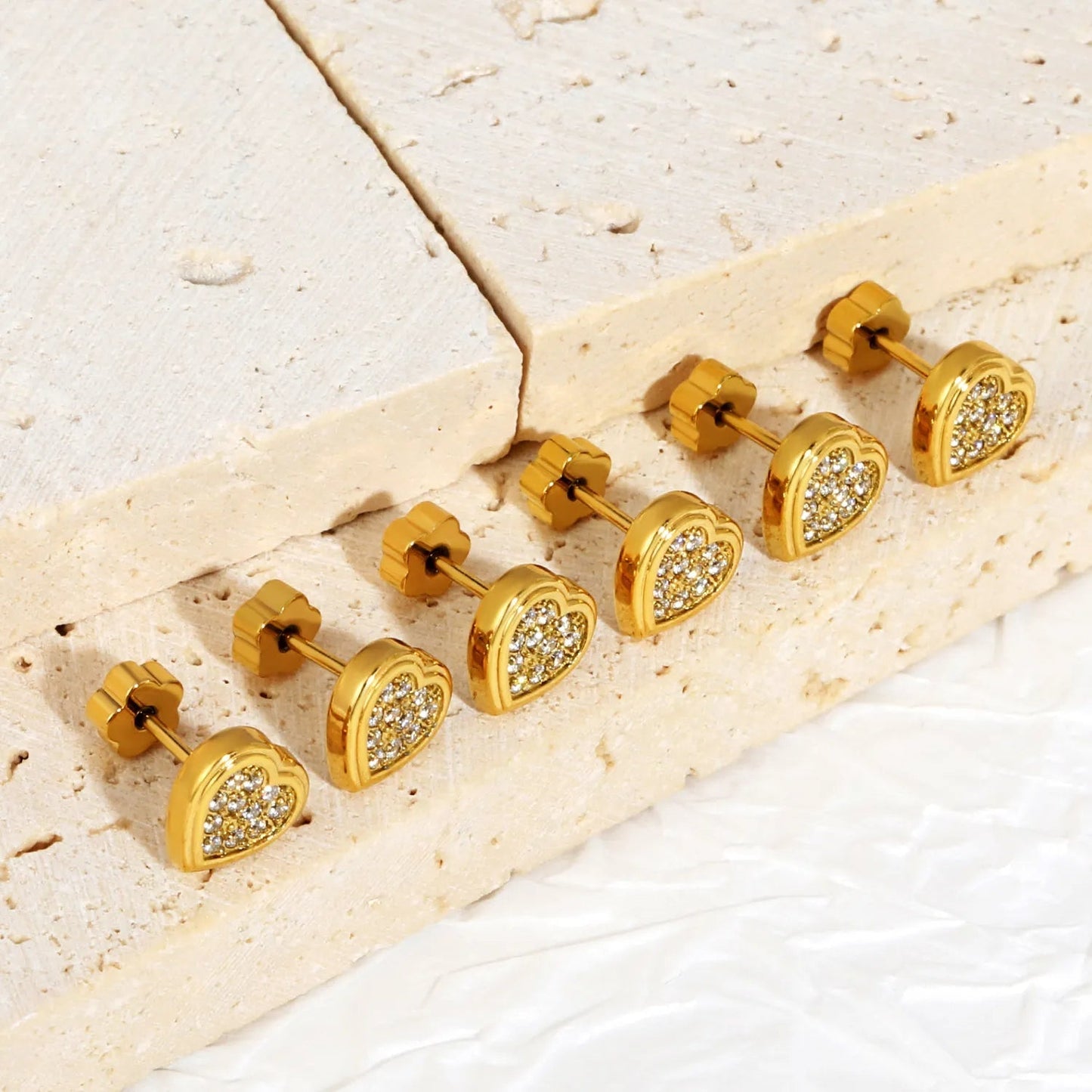 3 Pairs Sparkly Pave Heart Studs Earrings | 24/7 Wear Waterproof Gold Heart Piercing
