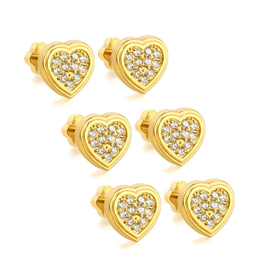 3 Pairs Sparkly Pave Heart Studs Earrings | 24/7 Wear Waterproof Gold Heart Piercing
