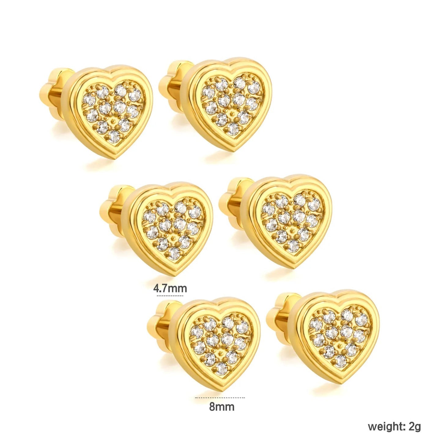 3 Pairs Sparkly Pave Heart Studs Earrings | 24/7 Wear Waterproof Gold Heart Piercing