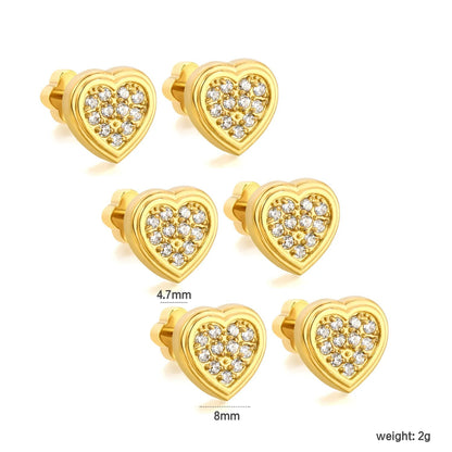 3 Pairs Sparkly Pave Heart Studs Earrings | 24/7 Wear Waterproof Gold Heart Piercing