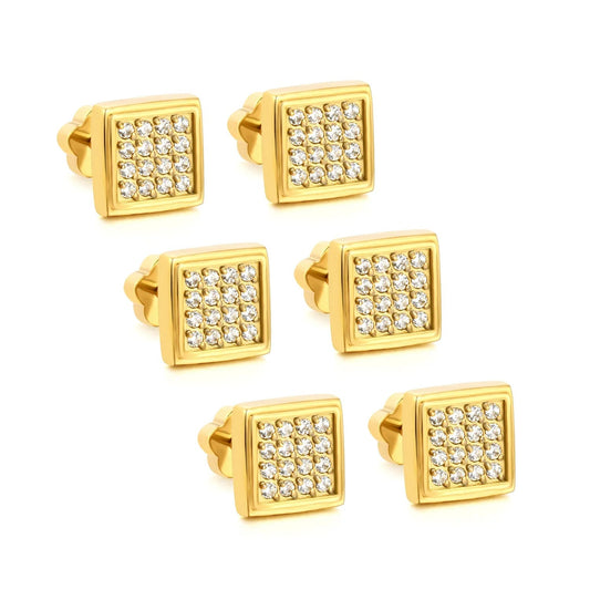 3 Pairs Minimalist Pave Square Studs | Tarnish-Free Geometric Nap Earrings