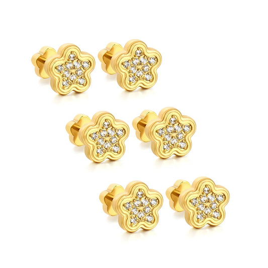 3 Pairs Wholesale 304L Stainless Steel 8.2 mm Five-Pointed Star Flat-Back Threaded Earrings