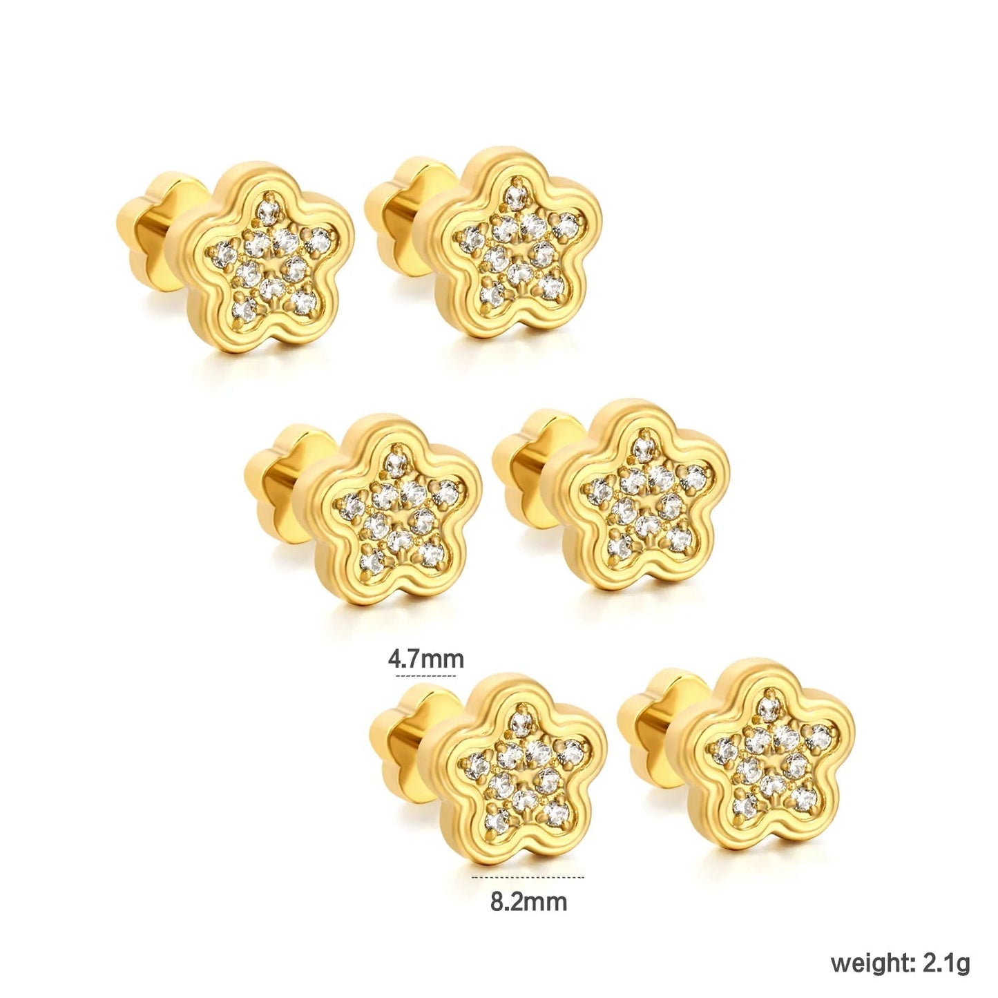 3 Pairs Wholesale 304L Stainless Steel 8.2 mm Five-Pointed Star Flat-Back Threaded Earrings