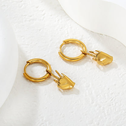 Bulk PVD Gold Sculpted Peace Sign Gesture Charm Hoop Earrings