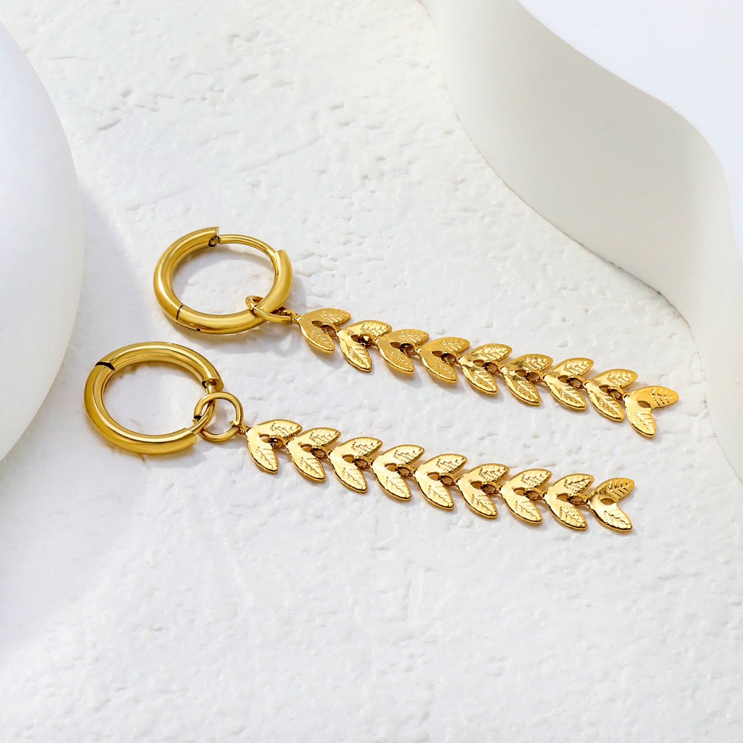 Wholesale Stainless Steel Wheat Earrings | Leaf Texture Hoops Bulk