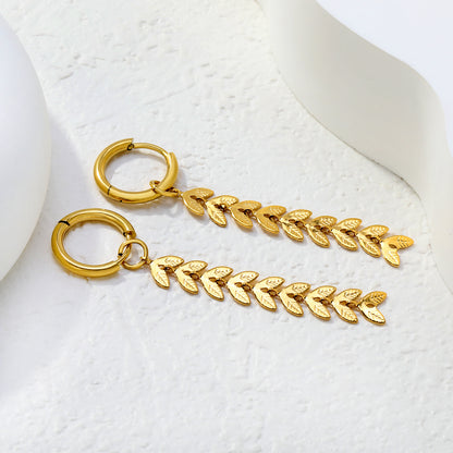 Wholesale Stainless Steel Wheat Earrings | Leaf Texture Hoops Bulk