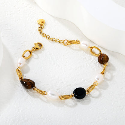 Exotic Natural Stone & Pearl Link Bracelet Stainless Steel Tarnish-Free