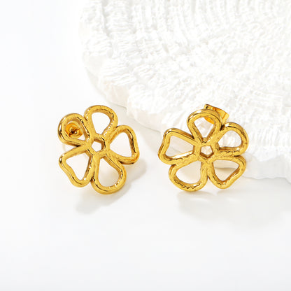 Wholesale Waterproof PVD Gold Sculpted Hollow Clover Petal Earrings