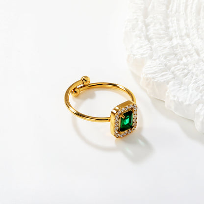 Luxury Emerald Green Zircon Halo Ring Stainless Steel Waterproof